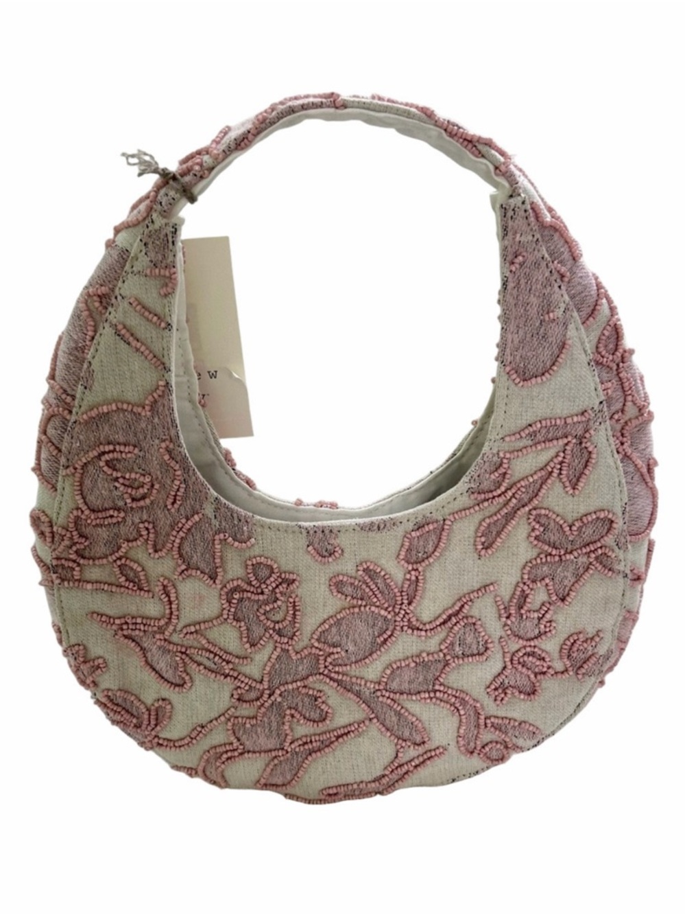 A New Day Target Pink Off-White Beaded Embroidered Mini Hobo Crescent Bag NEW